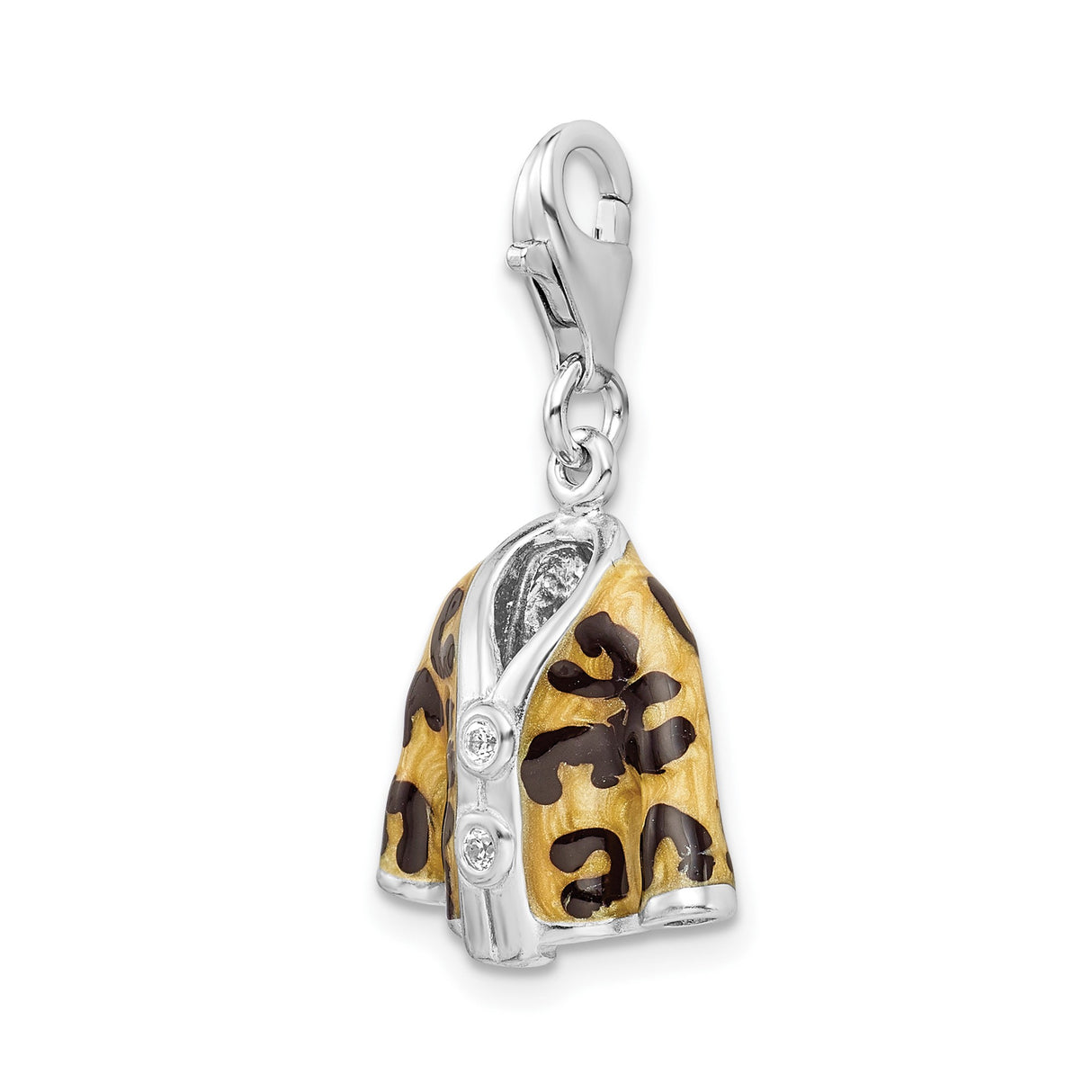 Sterling Silver Jacket Charm Pendant with Cubic Zirconia, Leopard Print and Gold Enamel Accents