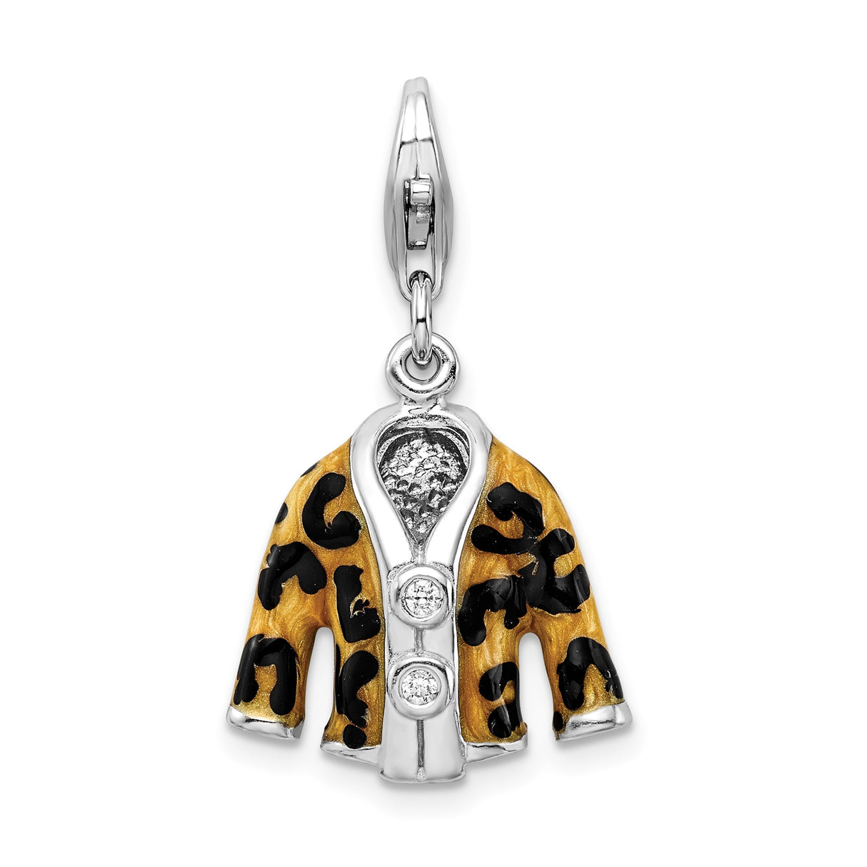 Sterling Silver Jacket Charm Pendant with Cubic Zirconia, Leopard Print and Gold Enamel Accents
