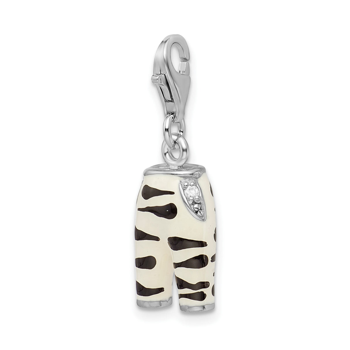 Sterling Silver Pants Charm Pendant with Cubic Zirconia and Zebra Enamel Stripes