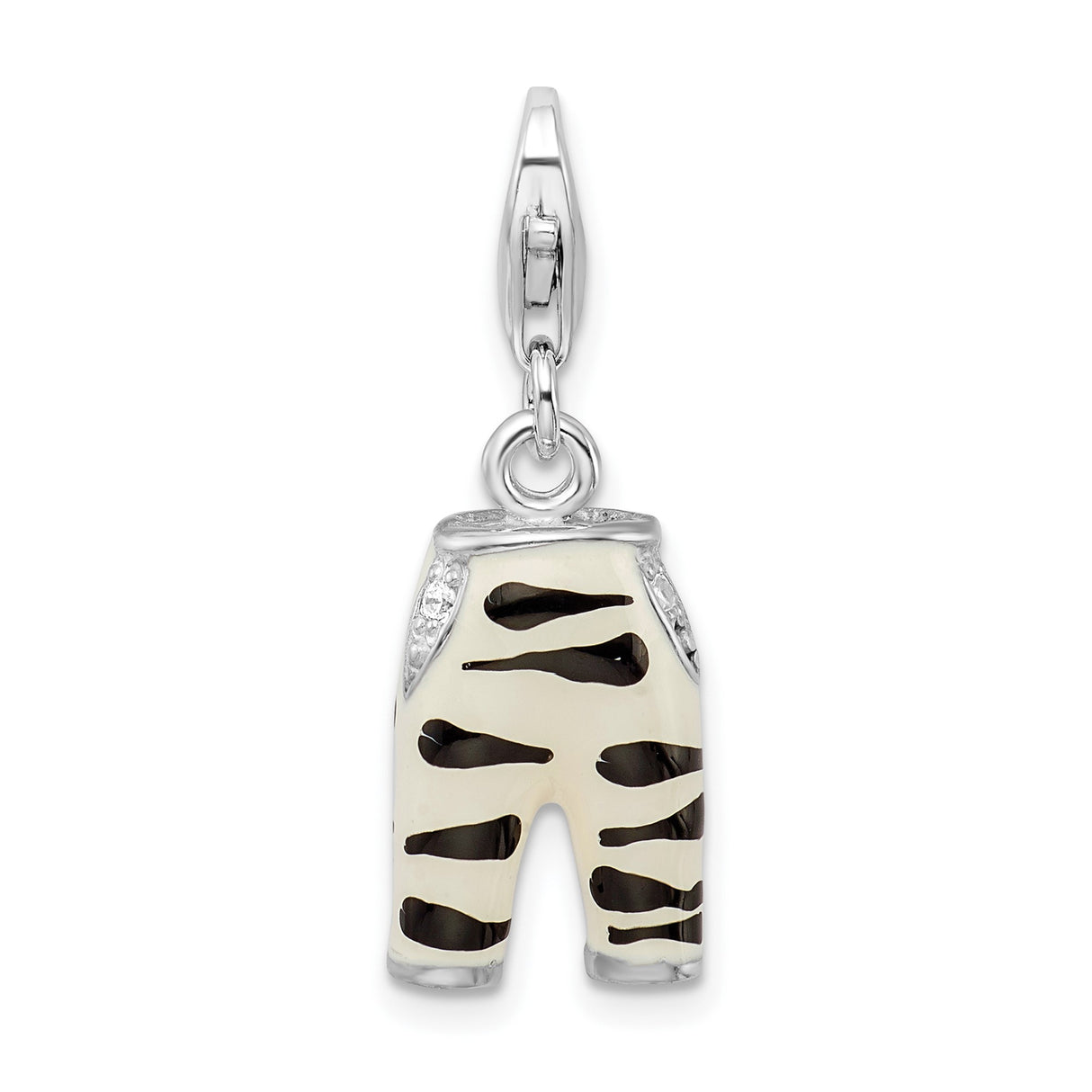 Sterling Silver Pants Charm Pendant with Cubic Zirconia and Zebra Enamel Stripes