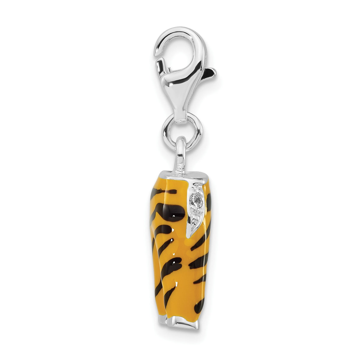 Sterling Silver Charm with Cubic Zirconia, Enamel Tiger Stripe Pants, Clip-On Design