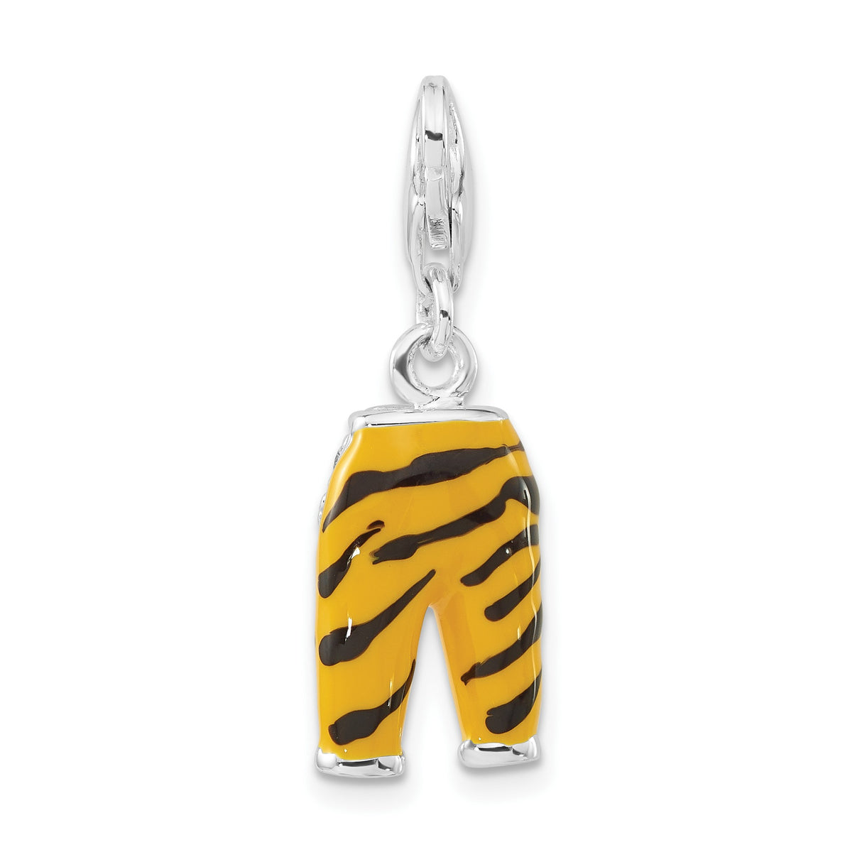 Sterling Silver Charm with Cubic Zirconia, Enamel Tiger Stripe Pants, Clip-On Design