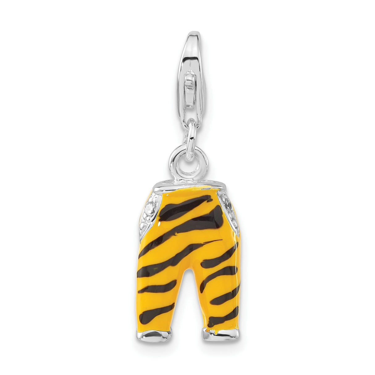 Sterling Silver Charm with Cubic Zirconia, Enamel Tiger Stripe Pants, Clip-On Design