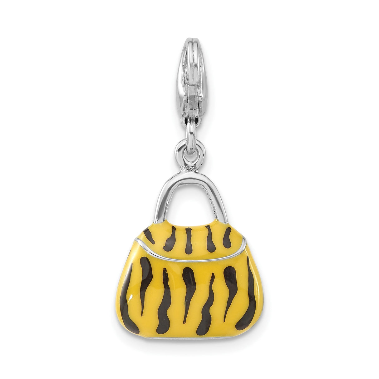 Sterling Silver Handbag Charm with Cubic Zirconia, Yellow Black Tiger Enamel, Purse Style
