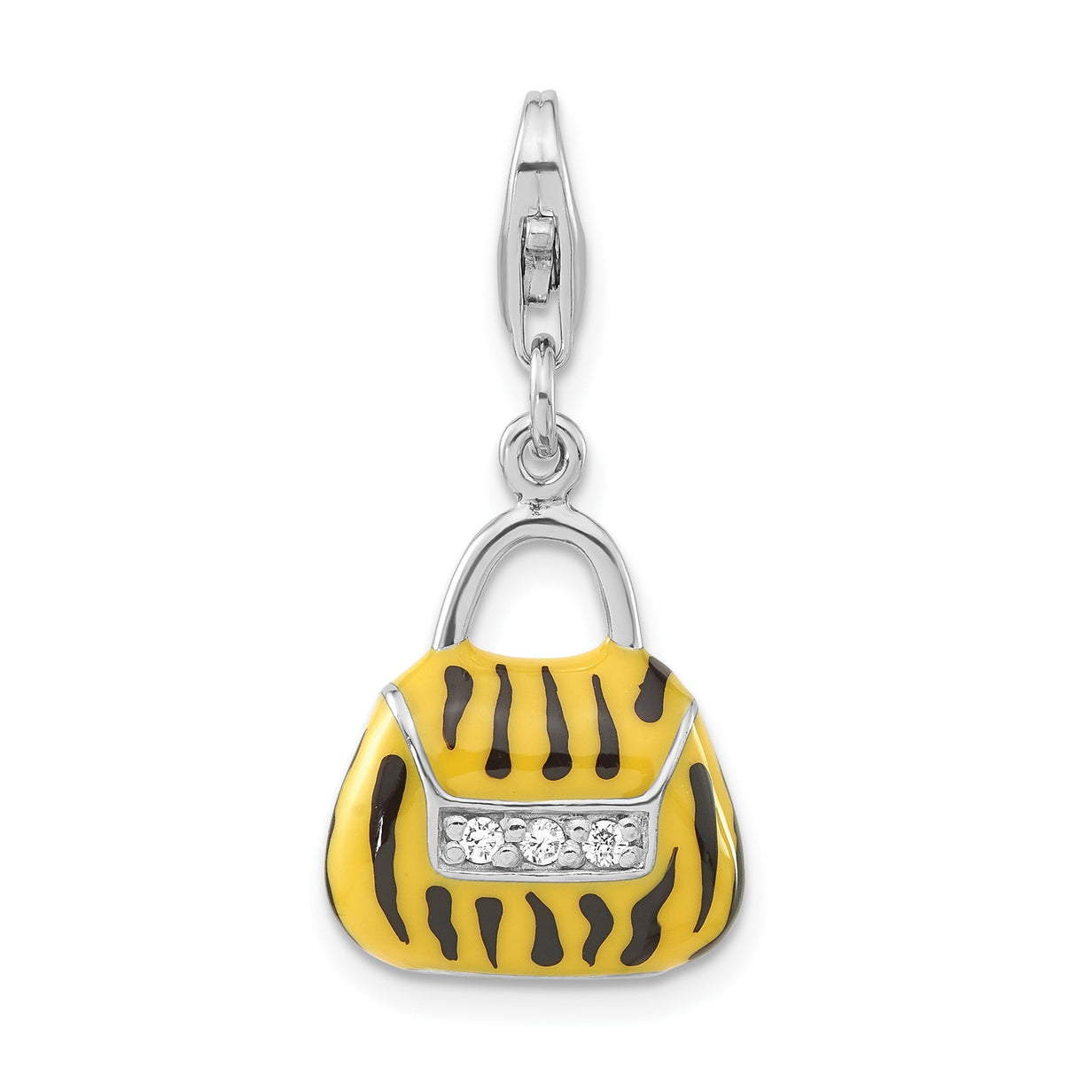 Sterling Silver Handbag Charm with Cubic Zirconia, Yellow Black Tiger Enamel, Purse Style