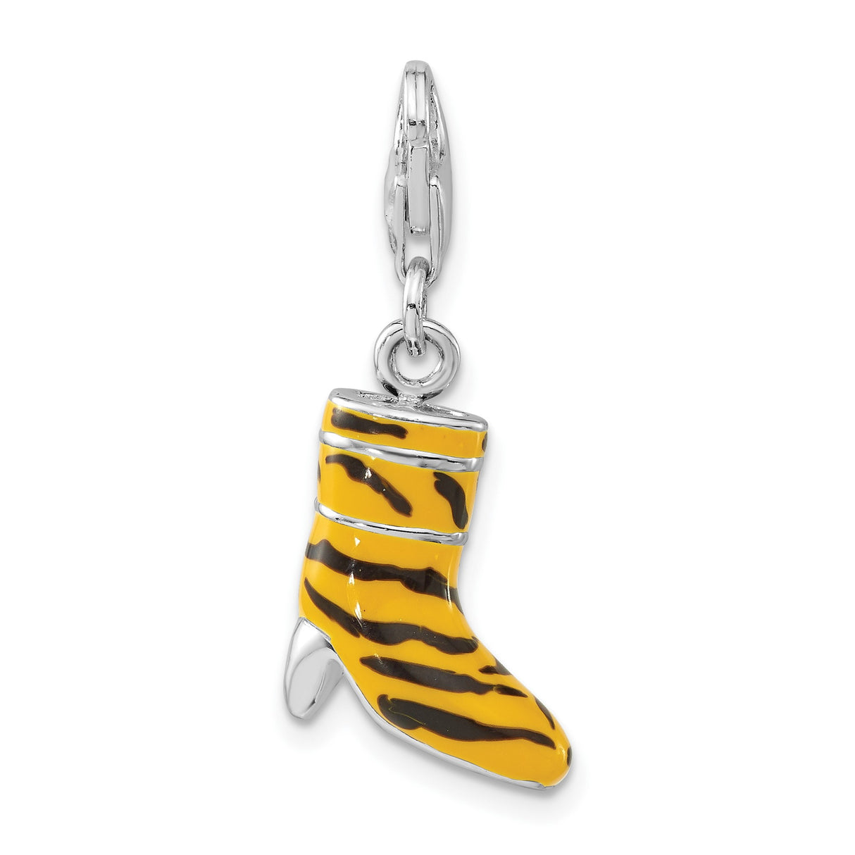 Sterling Silver Cowboy Boot Charm with Cubic Zirconia, Tiger Enamel, Western Style