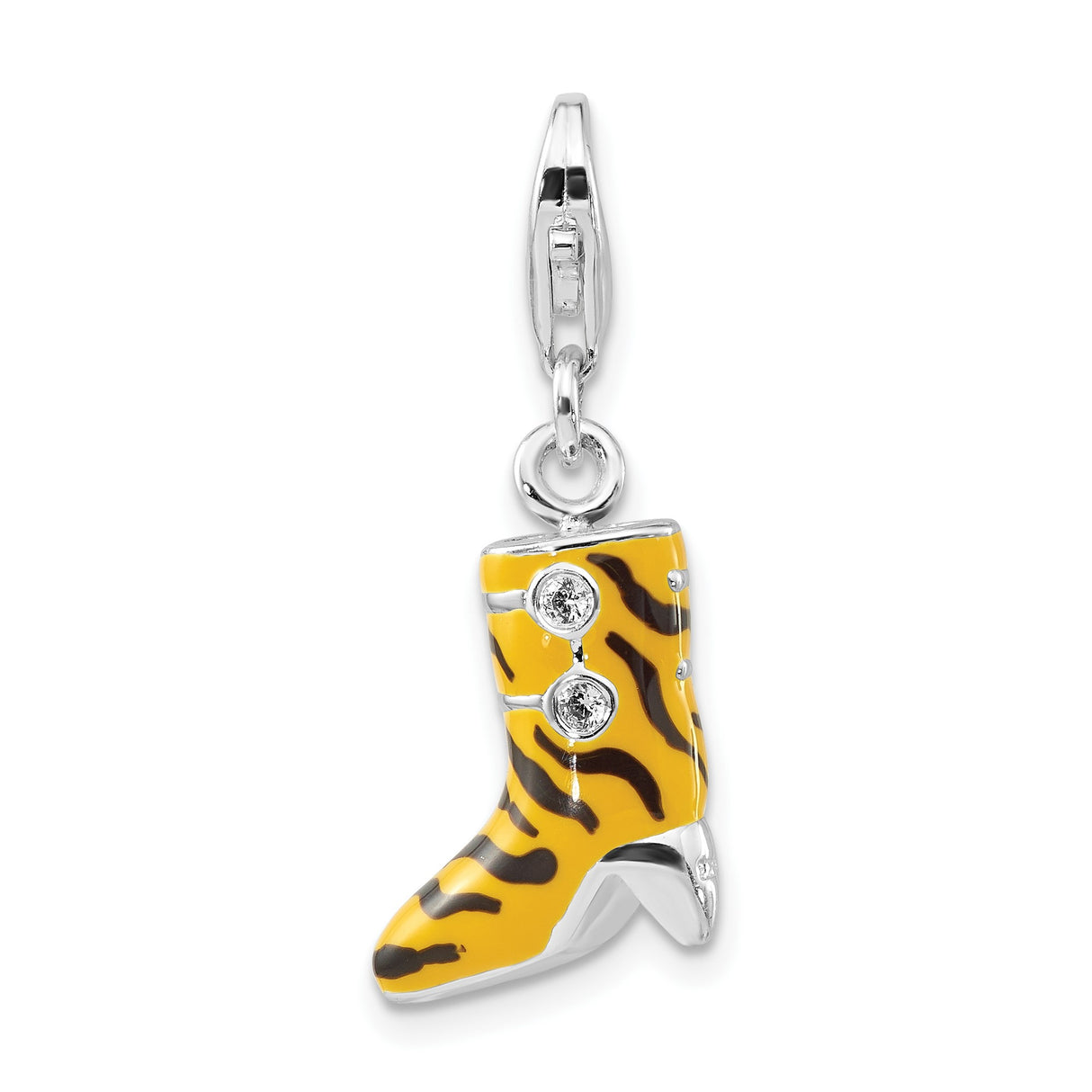 Sterling Silver Cowboy Boot Charm with Cubic Zirconia, Tiger Enamel, Western Style