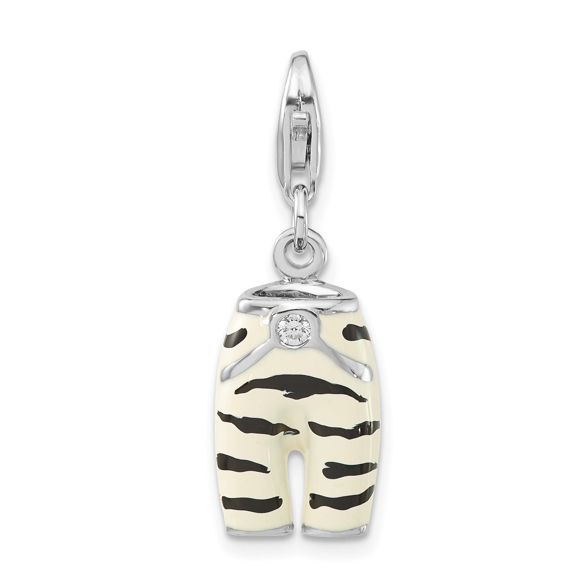 Sterling Silver Zebra Print Pants Charm with Cubic Zirconia, Enamel Stripes, Safari Theme