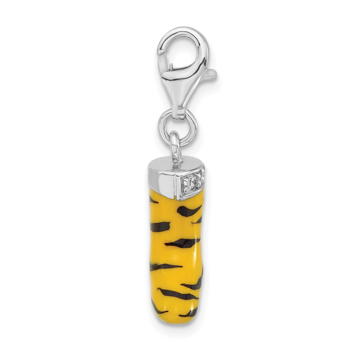 Sterling Silver Boot Charm with Cubic Zirconia, Yellow Enamel, Tiger Stripe Western Design