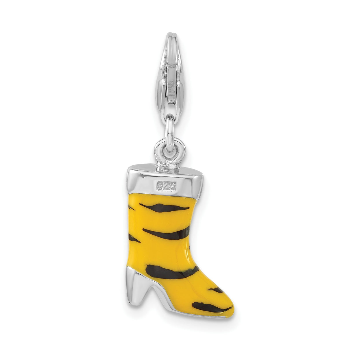 Sterling Silver Boot Charm with Cubic Zirconia, Yellow Enamel, Tiger Stripe Western Design