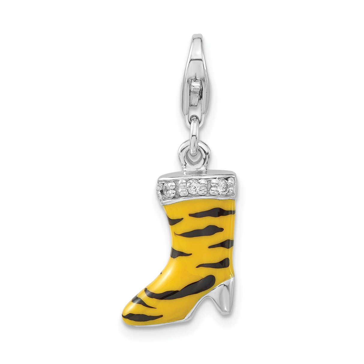 Sterling Silver Boot Charm with Cubic Zirconia, Yellow Enamel, Tiger Stripe Western Design