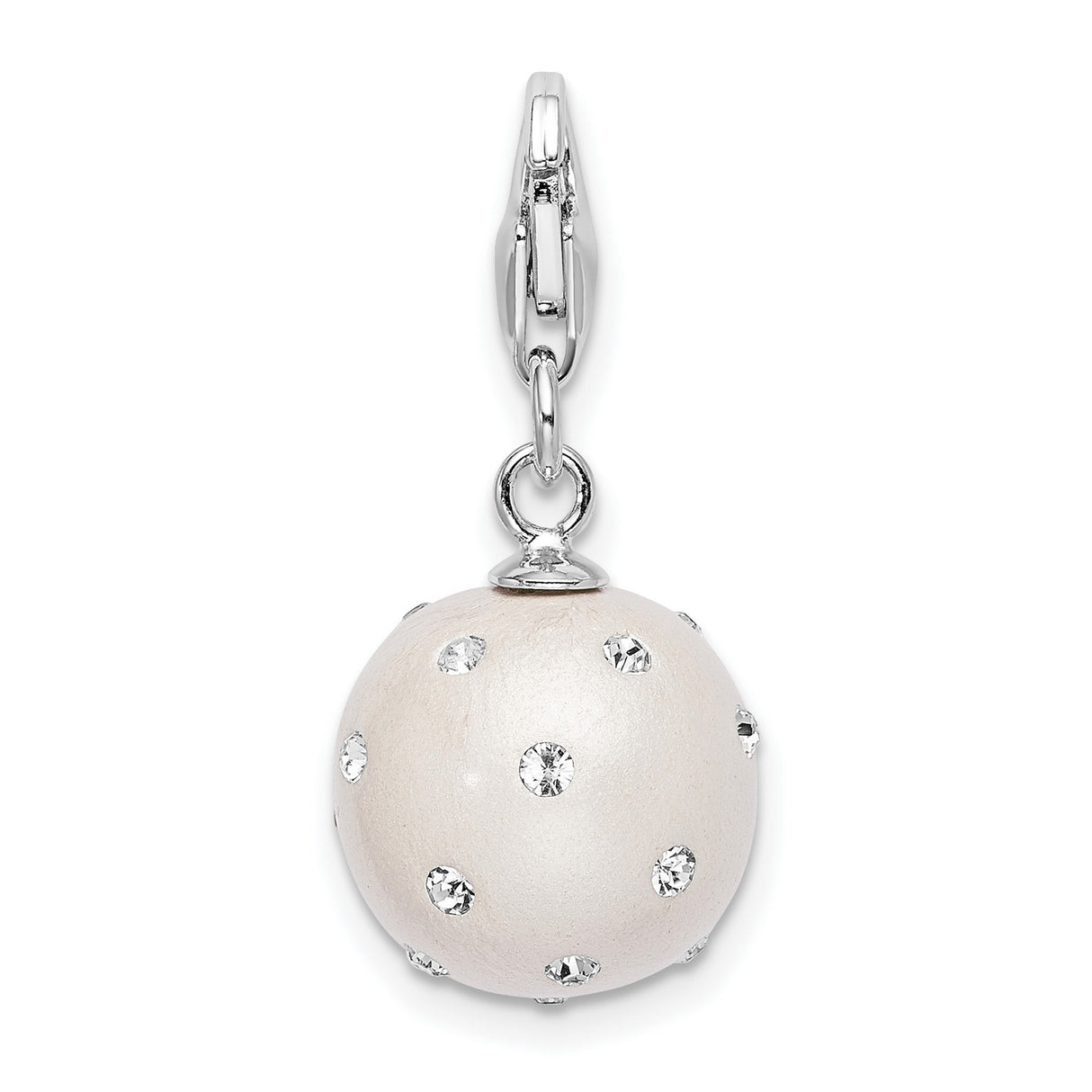 Sterling Silver Ball Charm Pendant with White Bead and Clear Crystal Accents