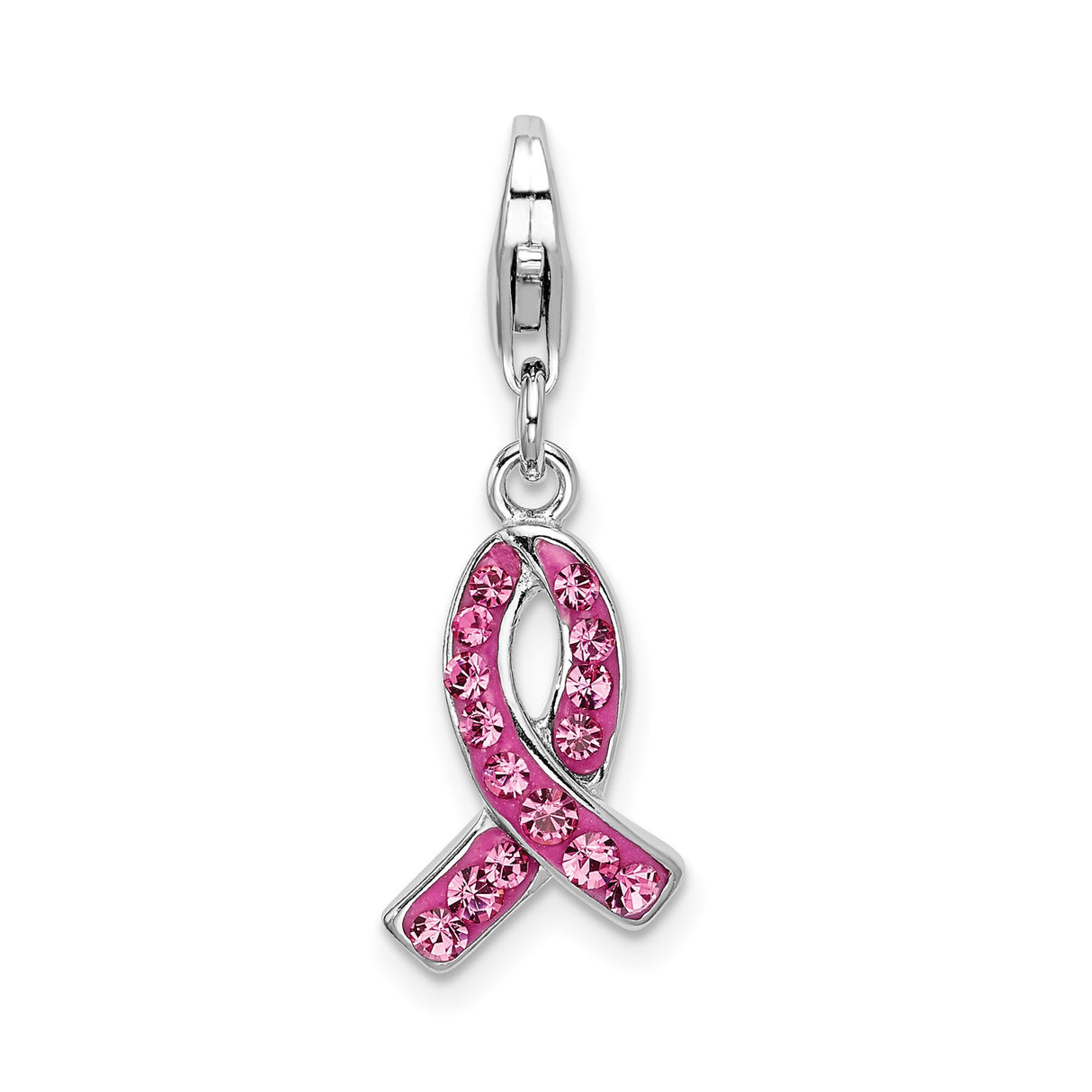 Sterling Silver Pendant Charm with Crystal Pink Ribbon, Breast Cancer Awareness Jewelry