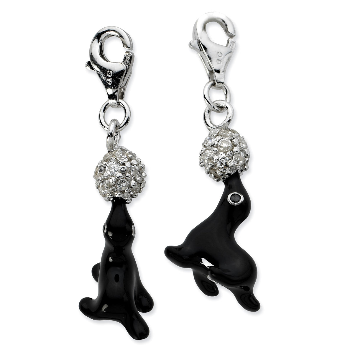 Sterling Silver Sea Lion Pendant Charm with Cubic Zirconia and Black Enamel, Circus Theme