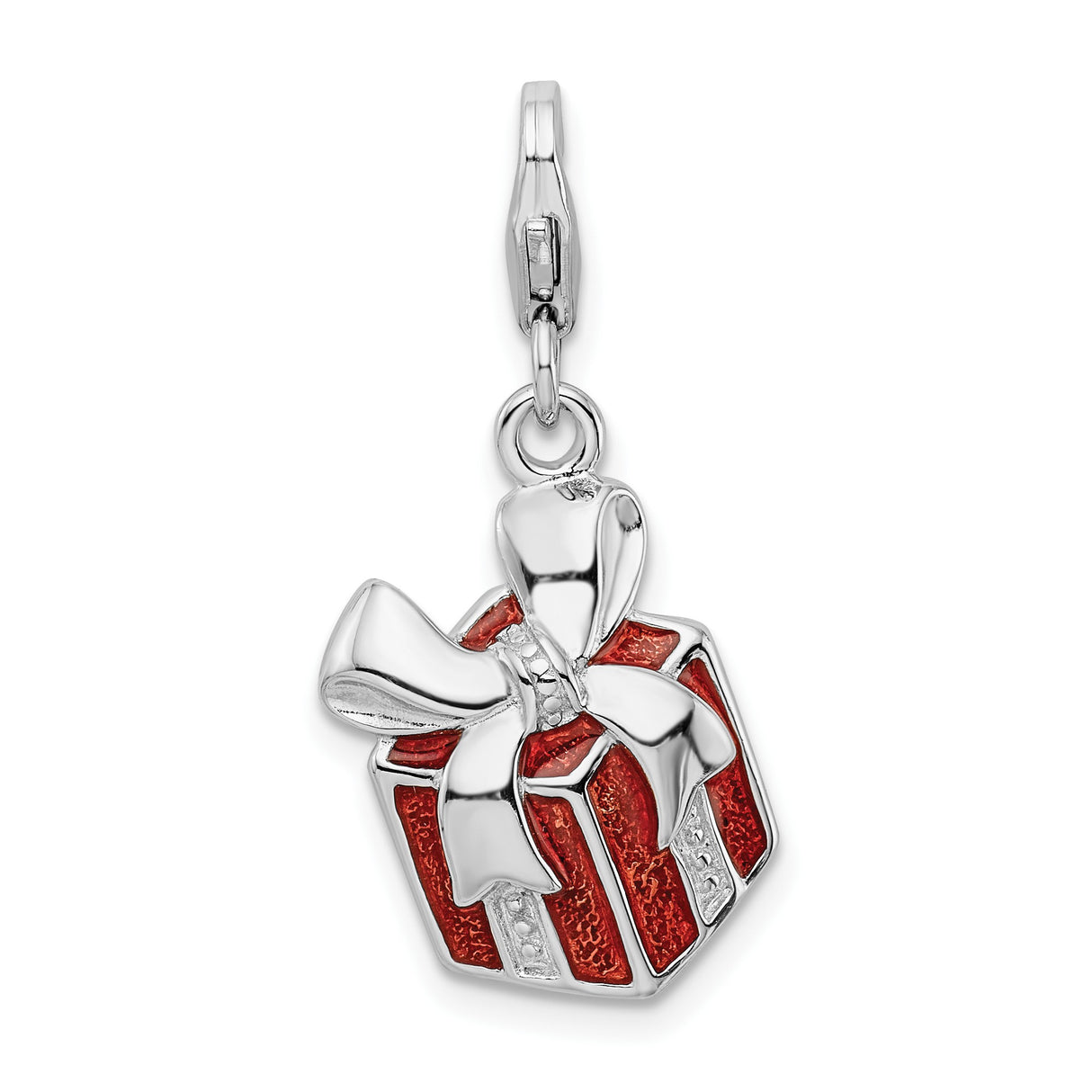 Sterling Silver Charm Pendant with Red Bow, Festive Holiday Box Design