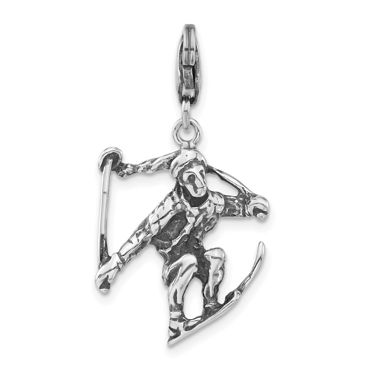 Sterling Silver Skier Pendant with Midair Ski Jump Figure and Ski Poles Charm