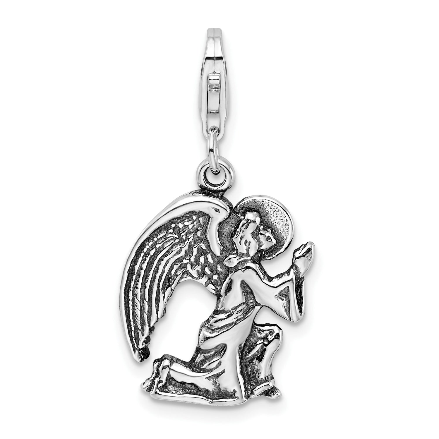 Sterling Silver Praying Angel Charm with Wings and Halo, Religious Pendant
