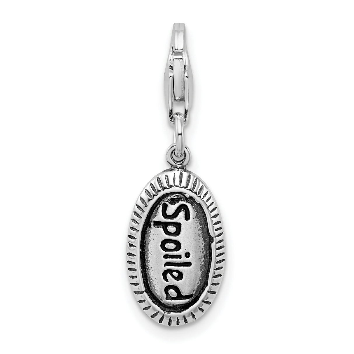 Sterling Silver Spoiled Charm Pendant, Oval Identity Design with Textured Edge, Clip On