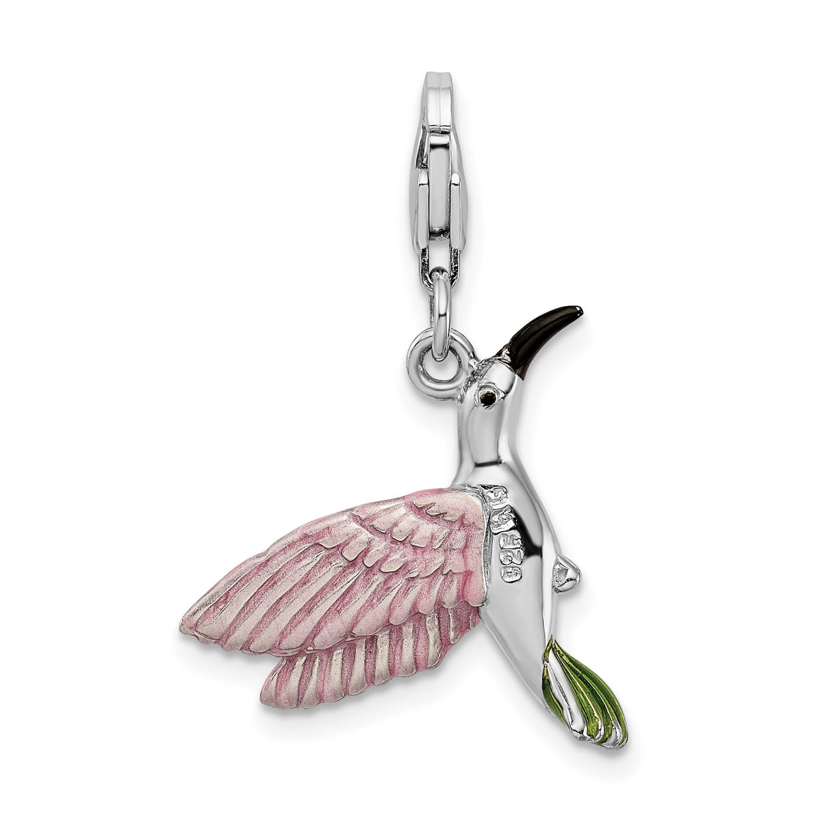 Sterling Silver Hummingbird Charm with Pink and Green Enamel, Flying Bird Nature Jewelry