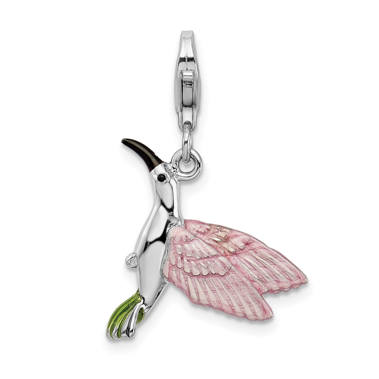 Sterling Silver Hummingbird Charm with Pink and Green Enamel, Flying Bird Nature Jewelry