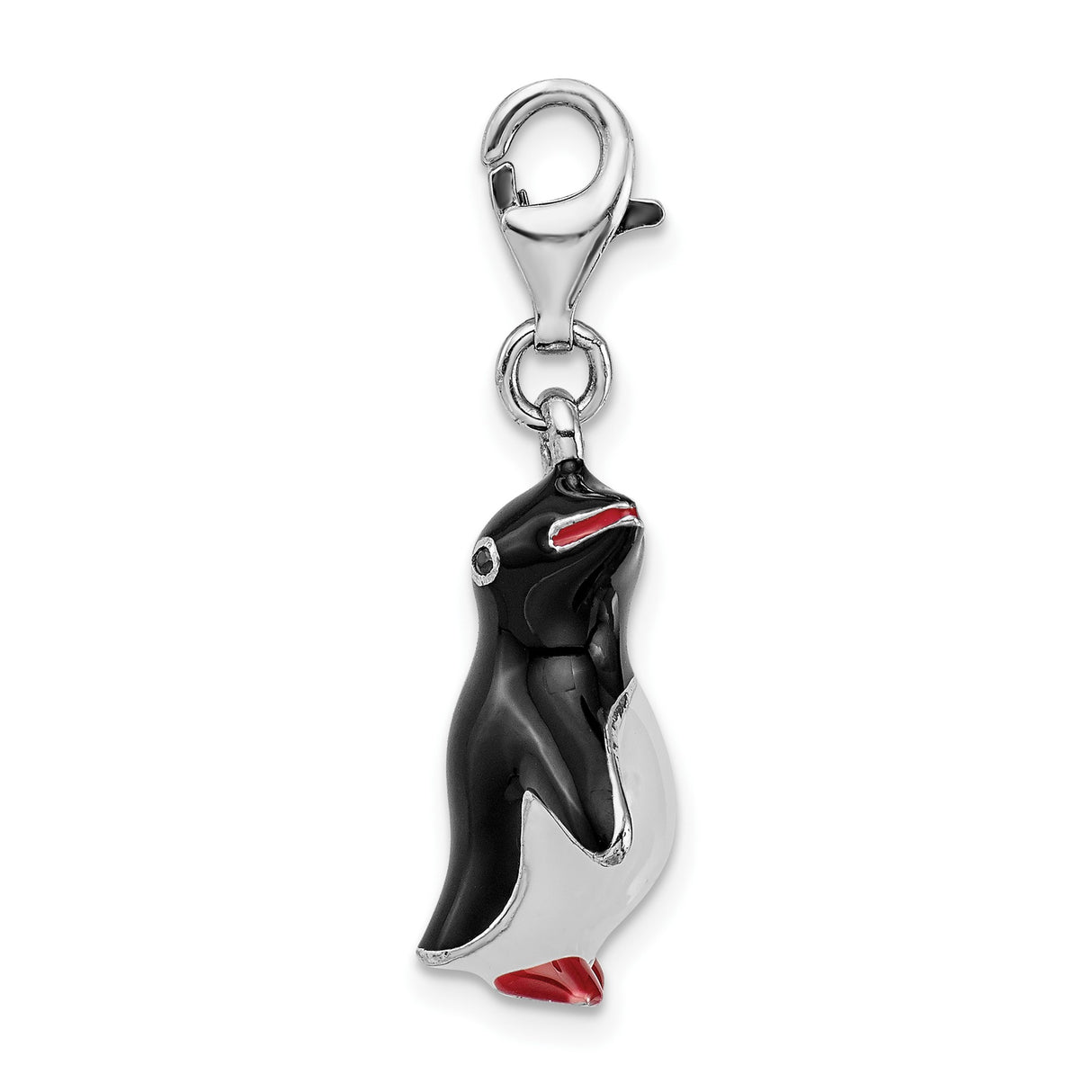 Sterling Silver Penguin Charm Pendant with Black, White, and Red Enamel, Clip-On Animal Jewelry