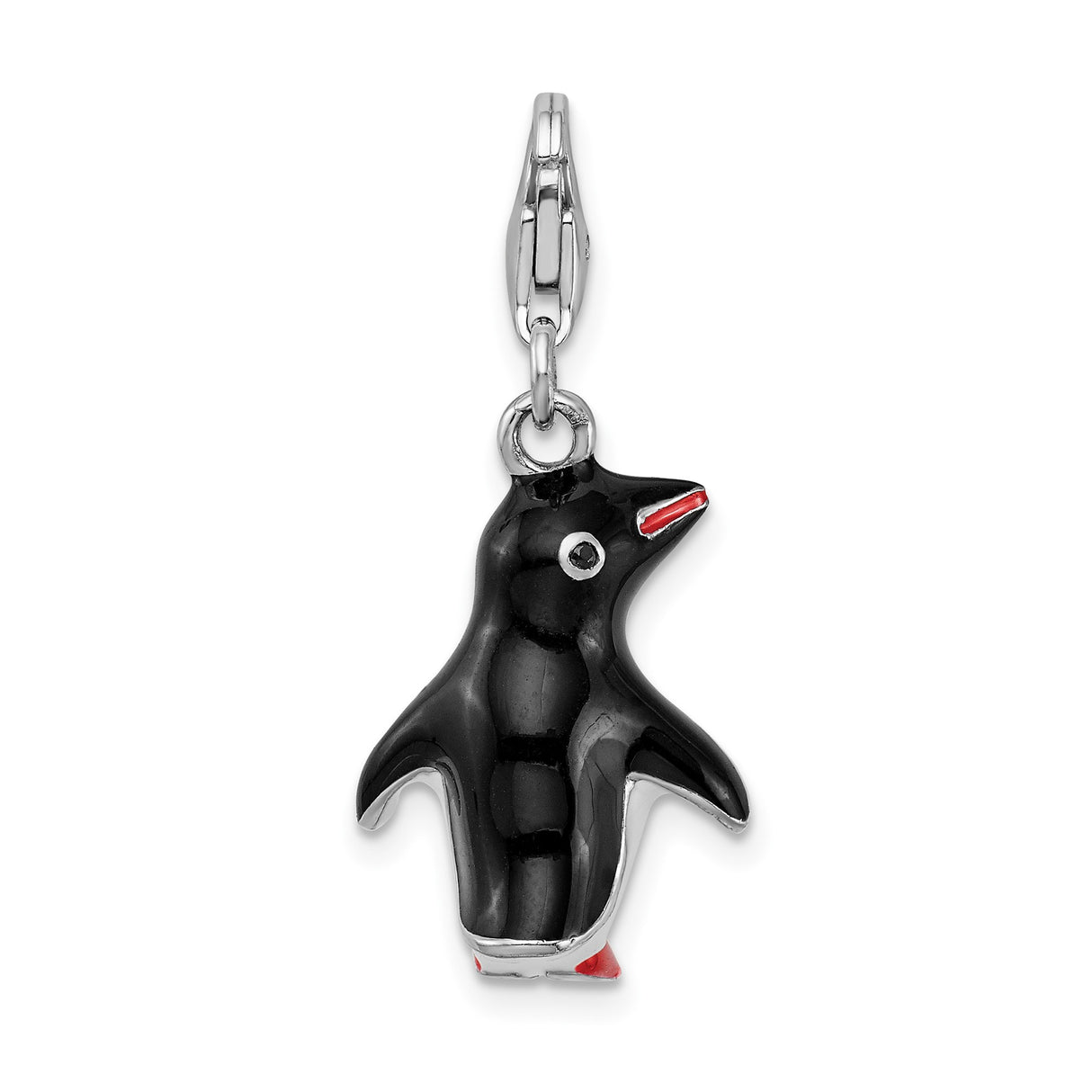 Sterling Silver Penguin Charm Pendant with Black, White, and Red Enamel, Clip-On Animal Jewelry