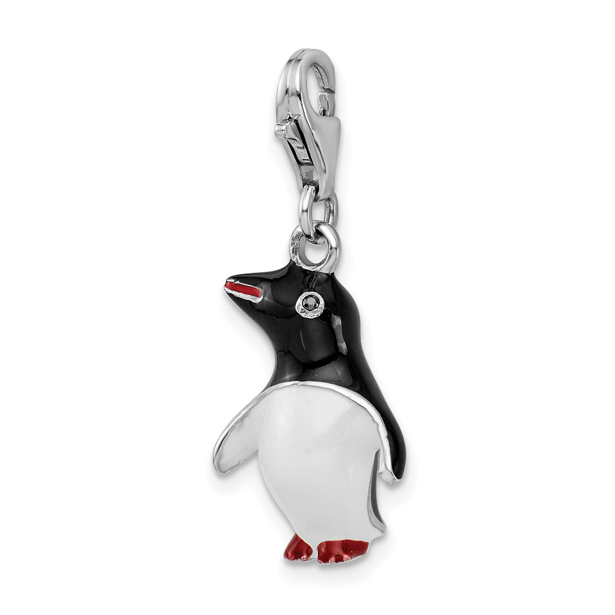 Sterling Silver Penguin Charm Pendant with Black, White, and Red Enamel, Clip-On Animal Jewelry