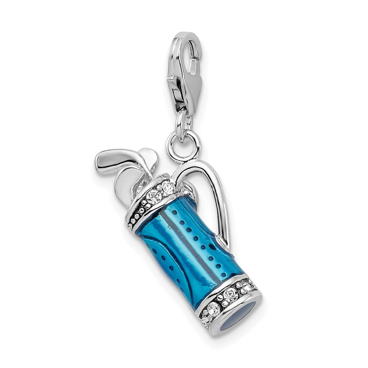 Sterling Silver Golf Bag Pendant Charm with Blue Enamel and Crystal Accents, Sports Theme