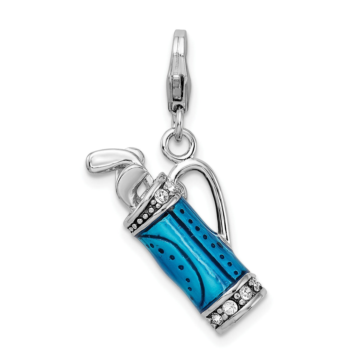 Sterling Silver Golf Bag Pendant Charm with Blue Enamel and Crystal Accents, Sports Theme