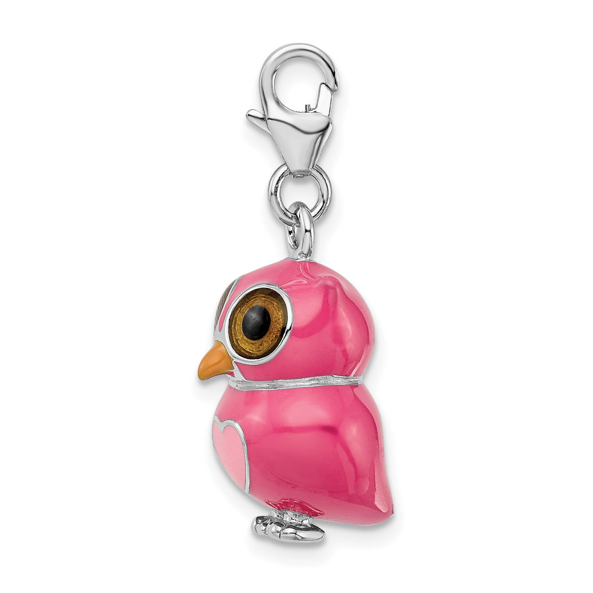 Sterling Silver Owl Charm with Pink Enamel Heart Detail, Whimsical Animal Motif Pendant