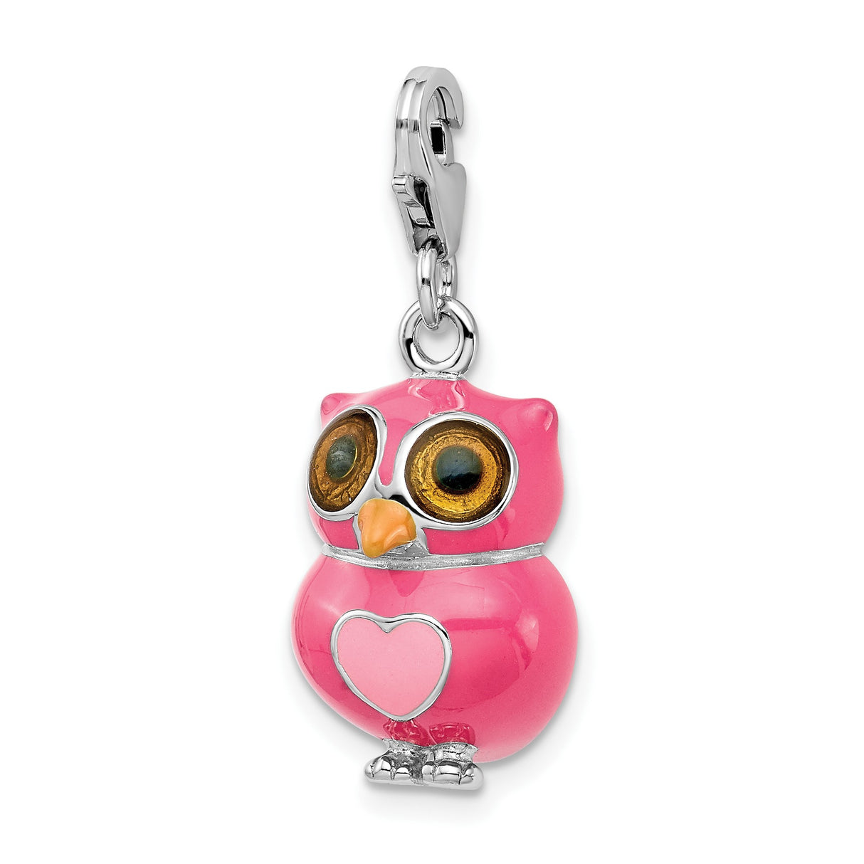 Sterling Silver Owl Charm with Pink Enamel Heart Detail, Whimsical Animal Motif Pendant