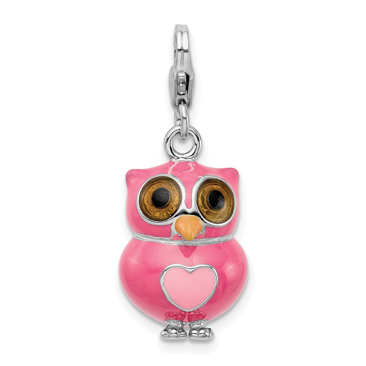 Sterling Silver Owl Charm with Pink Enamel Heart Detail, Whimsical Animal Motif Pendant