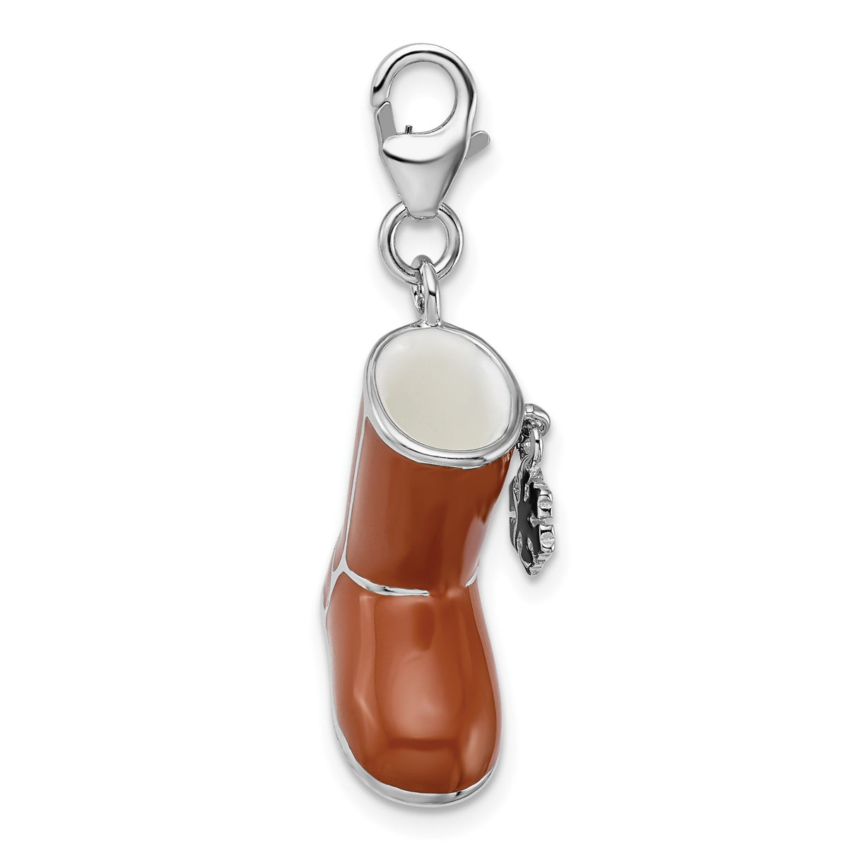 Sterling Silver Winter Boot Charm with Brown Enamel and Snowflake Accent for Women