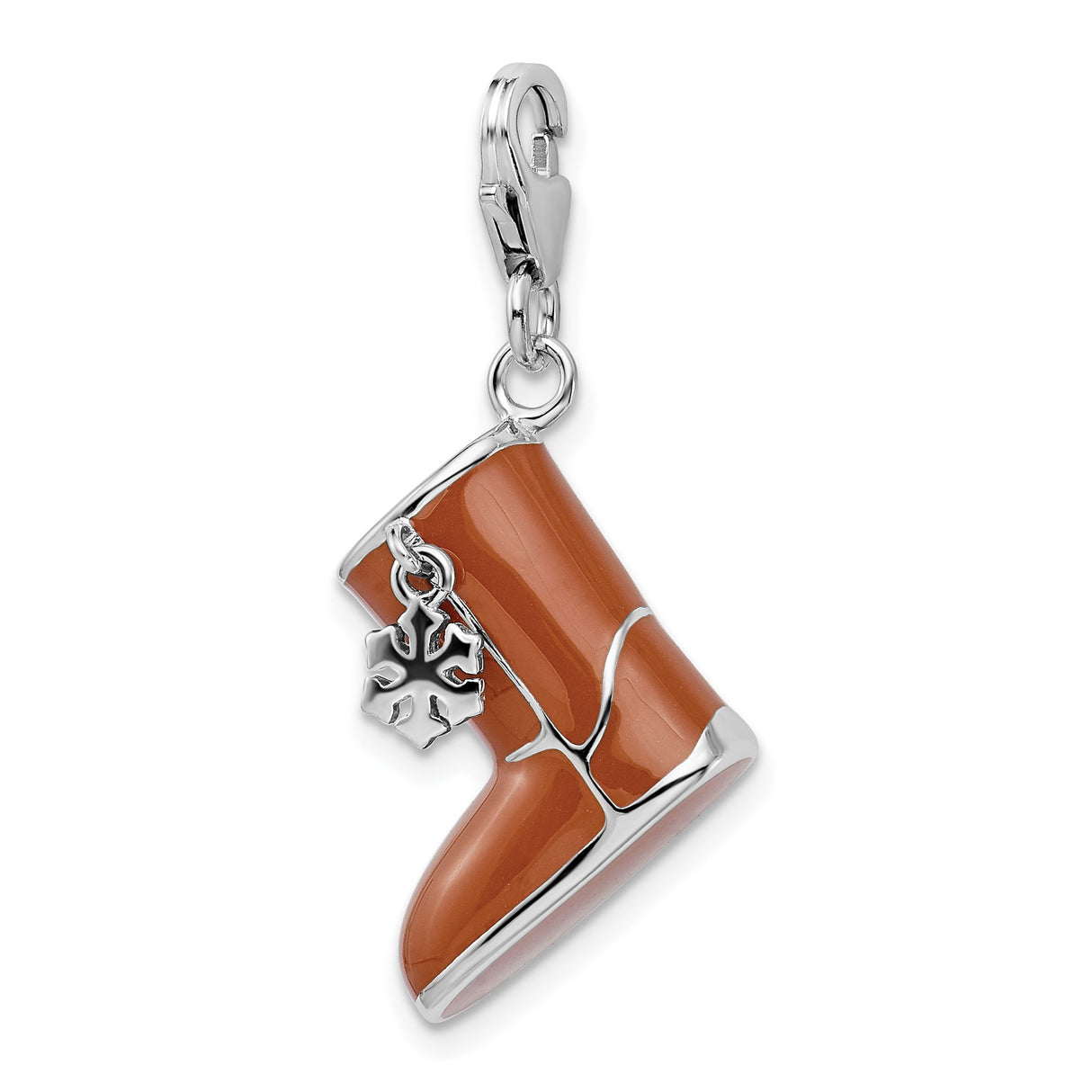 Sterling Silver Winter Boot Charm with Brown Enamel and Snowflake Accent for Women