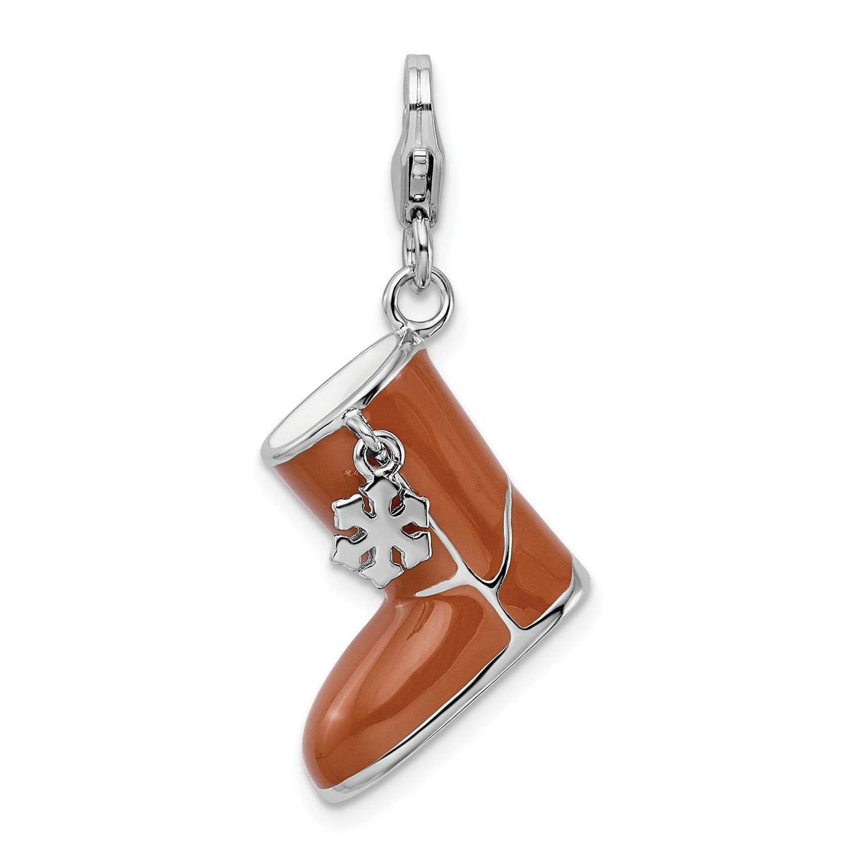 Sterling Silver Winter Boot Charm with Brown Enamel and Snowflake Accent for Women