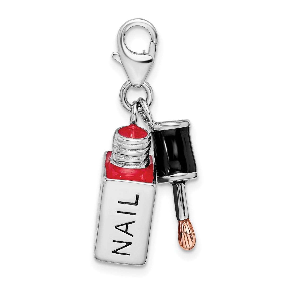 Sterling Silver Nail Polish Charm Pendant with Red Enamel and Black Cap, Beauty Theme Jewelry