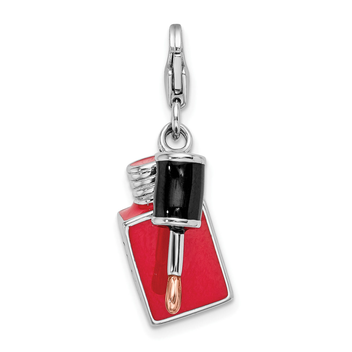 Sterling Silver Nail Polish Charm Pendant with Red Enamel and Black Cap, Beauty Theme Jewelry
