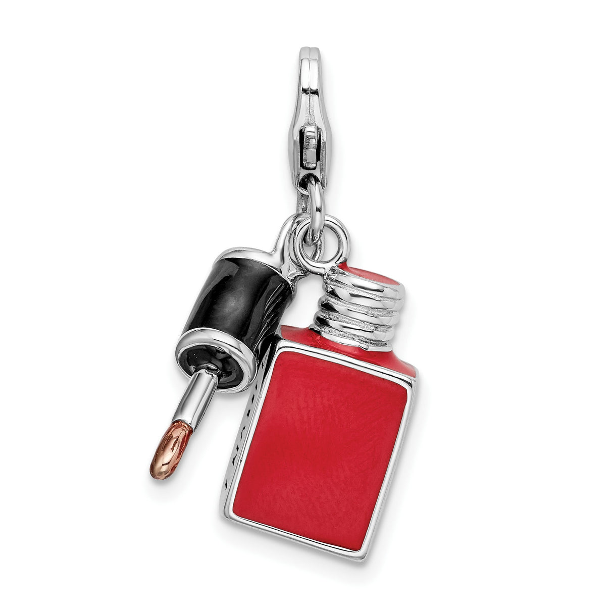 Sterling Silver Nail Polish Charm Pendant with Red Enamel and Black Cap, Beauty Theme Jewelry