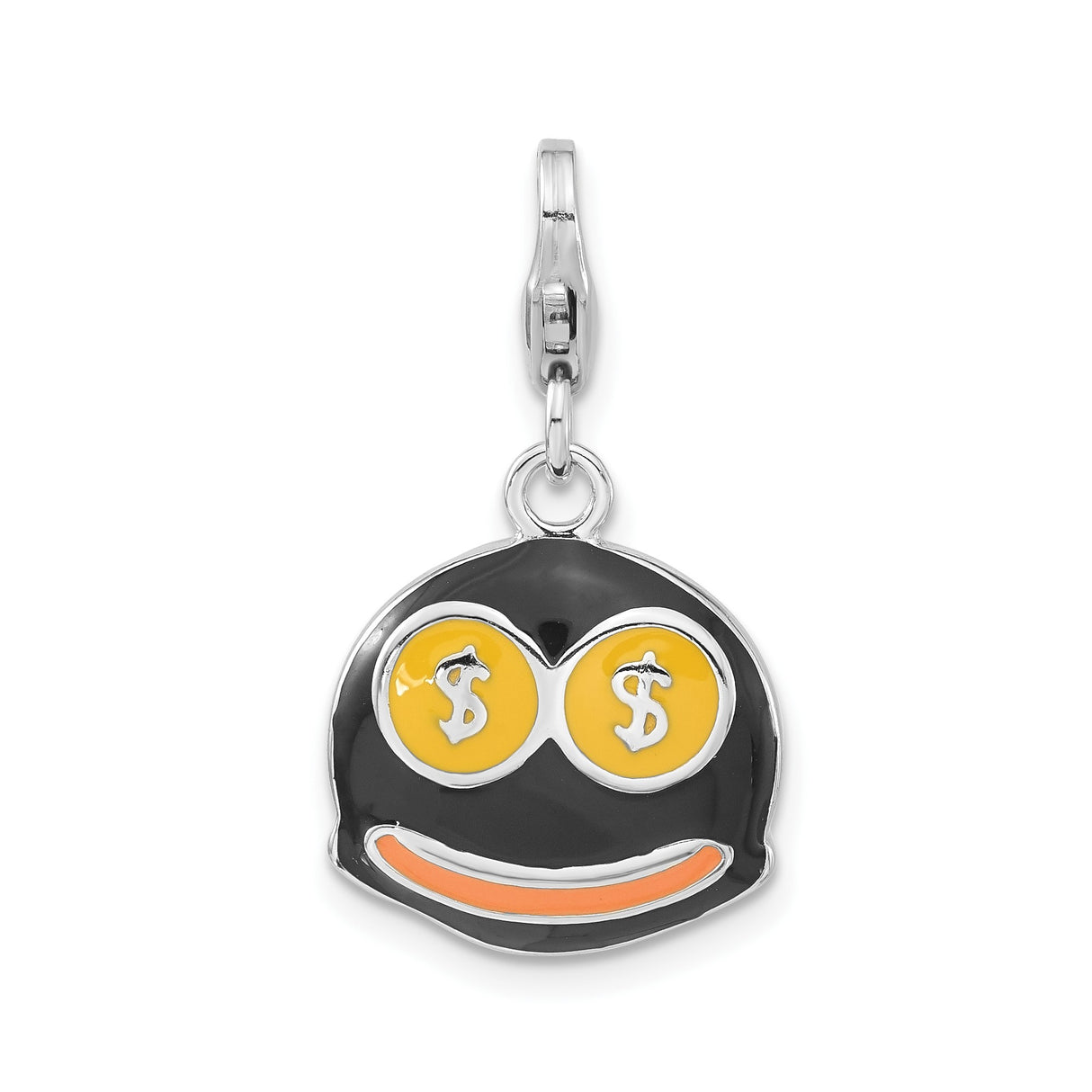 Sterling Silver Emoji Charm with Black Face, Yellow Eyes, and Orange Smile Dollar Sign Symbol