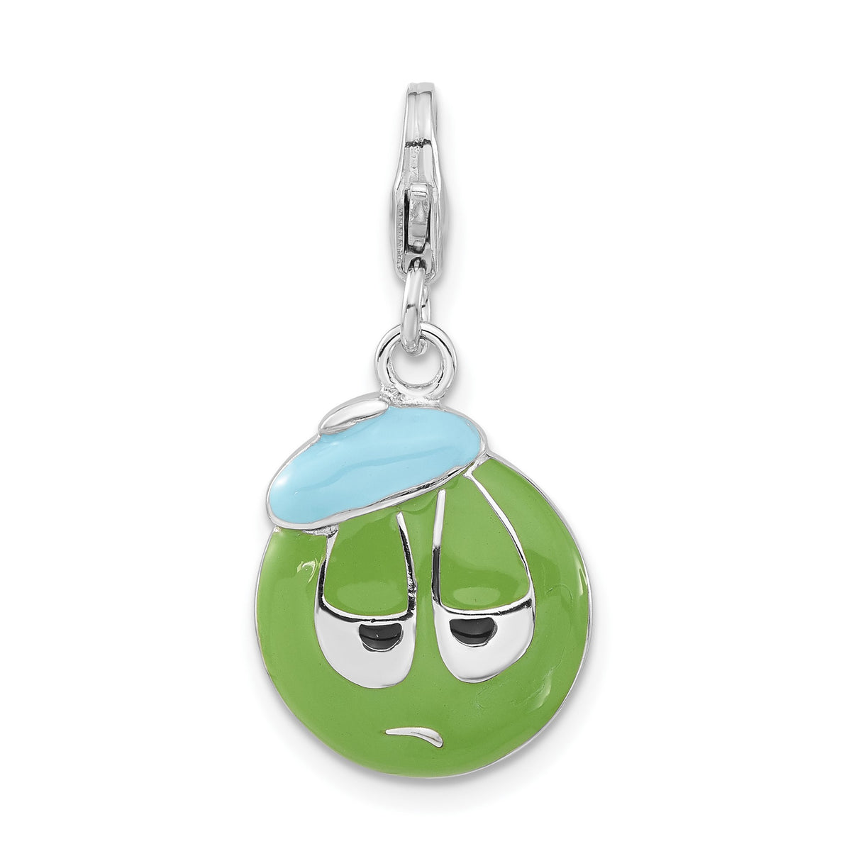 Sterling Silver Emoji Charm with Green Sad Face and Blue Ice Pack Pendant