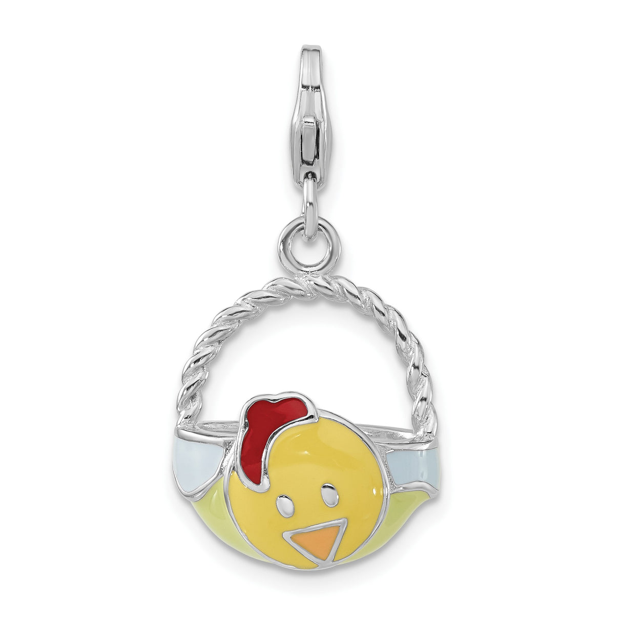 Sterling Silver Charm Pendant, Enamel Baby Chick in Basket, Easter Theme