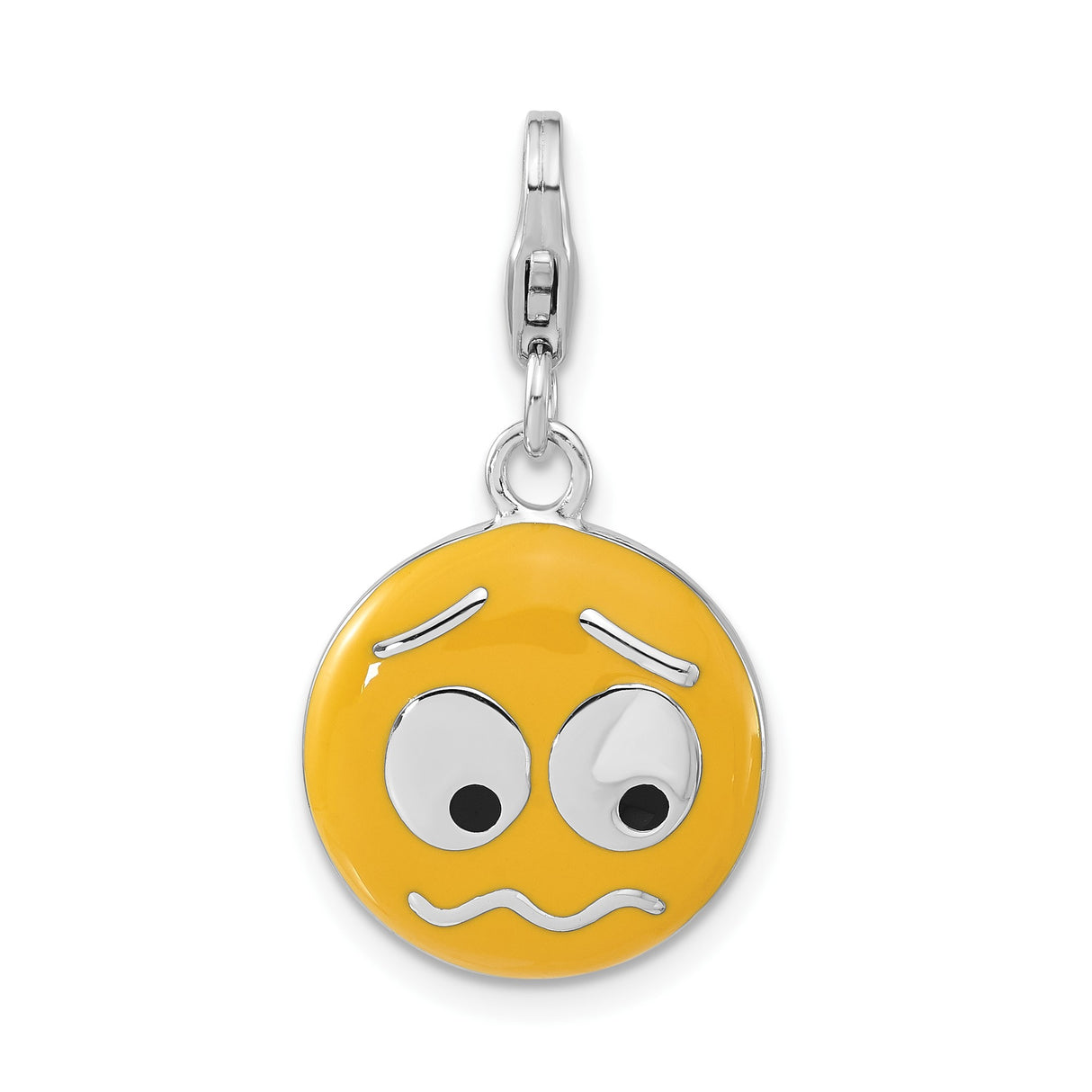 Sterling Silver Emoji Charm with Yellow Enamel Nervous Face, Clip-On Dangle Pendant
