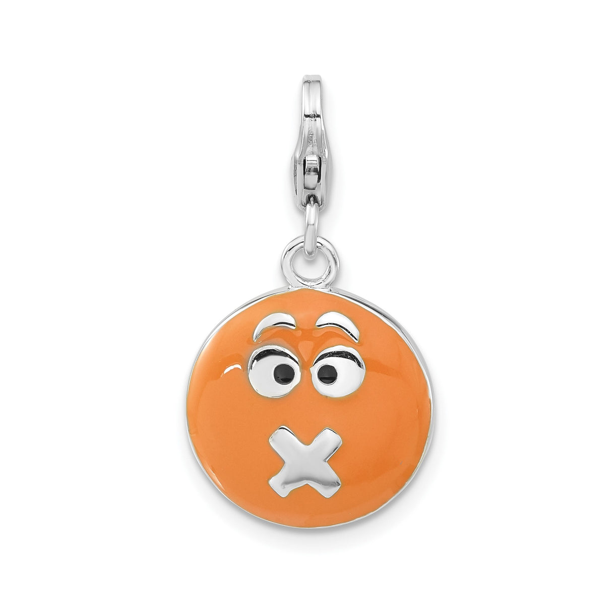 Sterling Silver Emoji Charm with Orange Enamel Face and X Mouth Symbol
