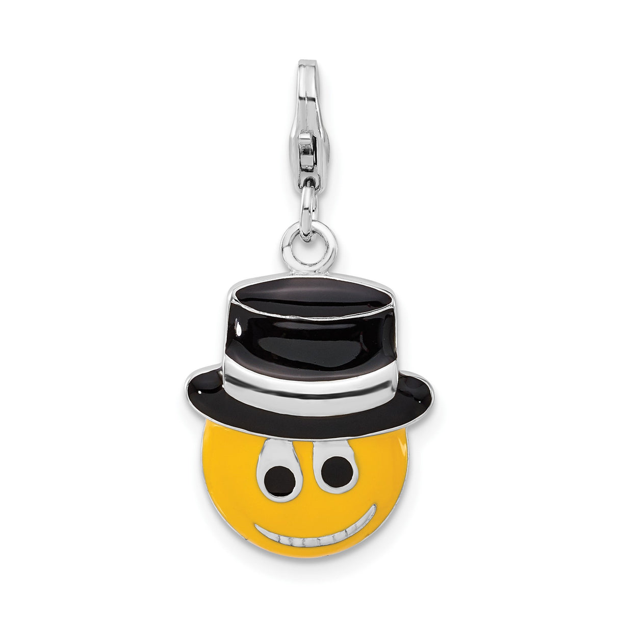 Sterling Silver Emoji Pendant with Black Top Hat, Grinning Face Charm, Playful Unisex Jewelry