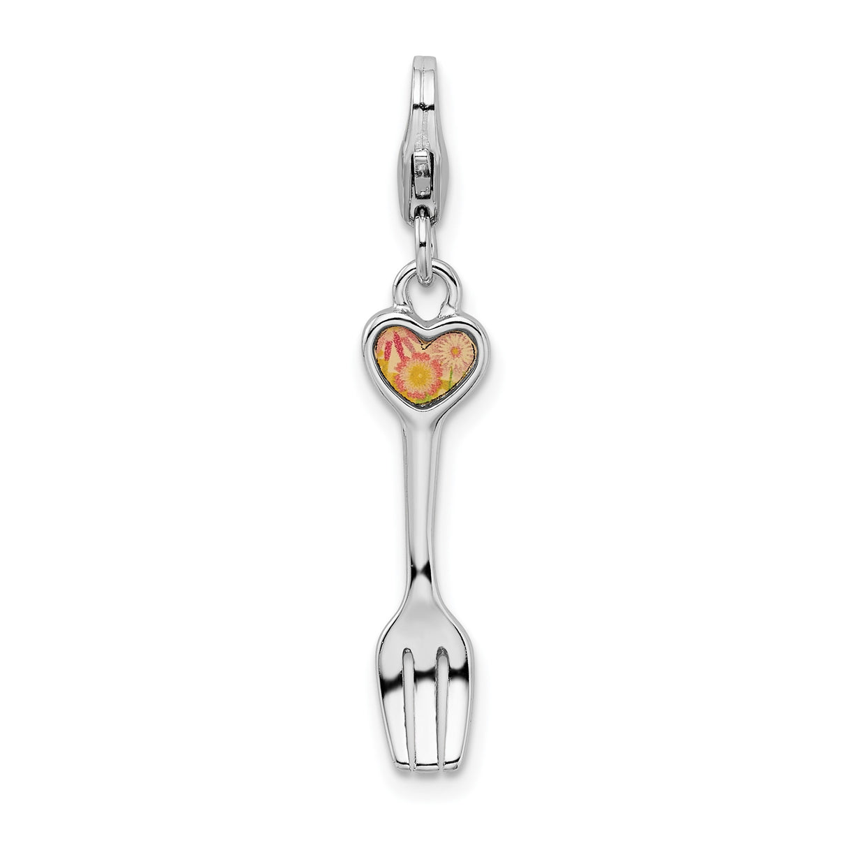 Sterling Silver Fork Charm Pendant with Heart and Floral Design, Playful Kitchen Theme