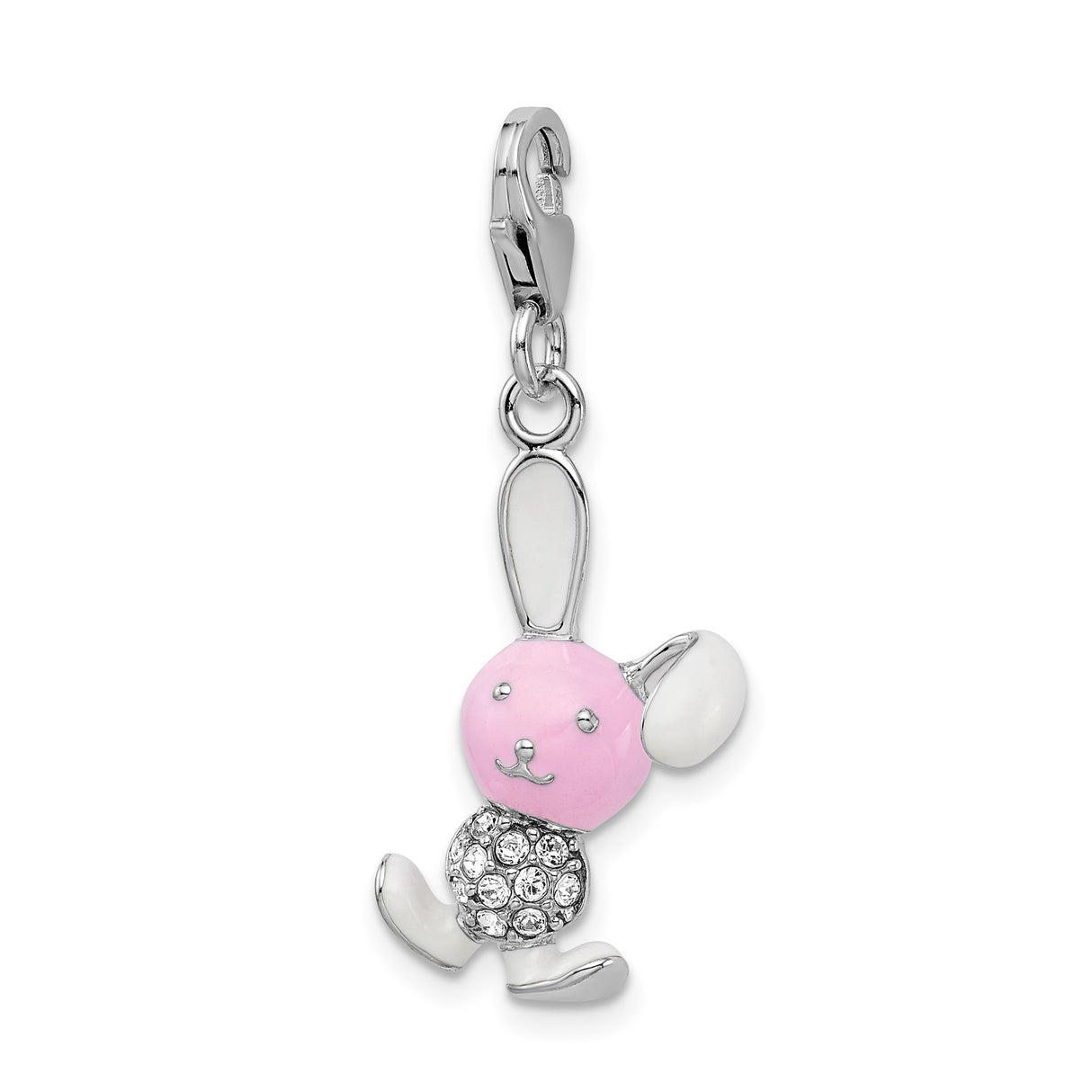Sterling Silver Bunny Charm Pendant with Pink Enamel and Crystal Accents, Whimsical Rabbit Motif