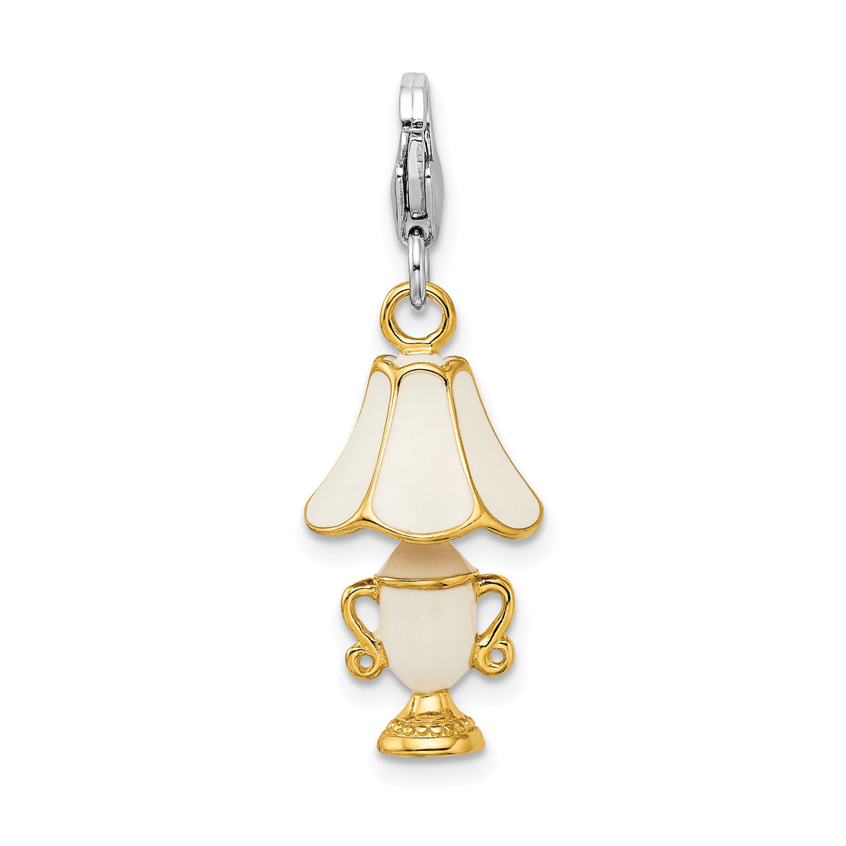 Sterling Silver Lamp Charm with 14K Gold and Enamel Detailing, Vintage Style Clip-On Design
