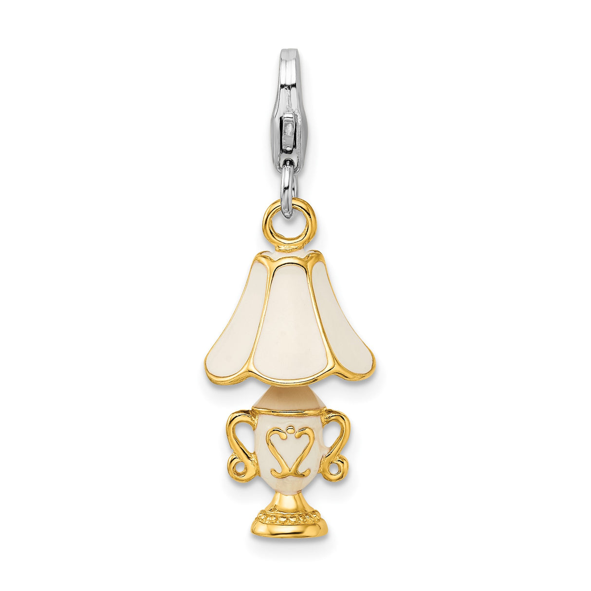 Sterling Silver Lamp Charm with 14K Gold and Enamel Detailing, Vintage Style Clip-On Design