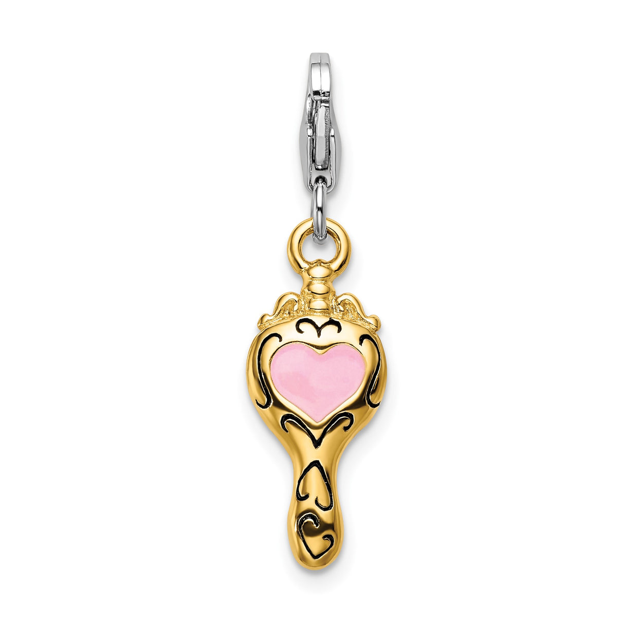 Sterling Silver Mirror Charm Pendant with Pink Heart, Gold Accent and Black Enamel Detail