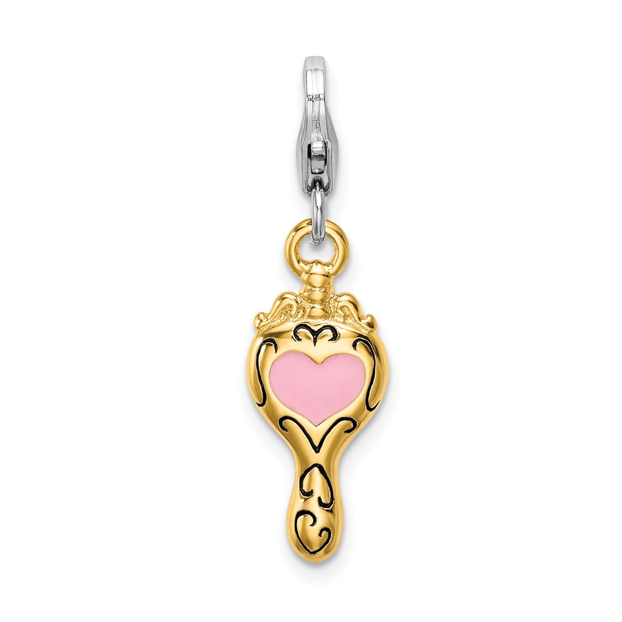 Sterling Silver Mirror Charm Pendant with Pink Heart, Gold Accent and Black Enamel Detail